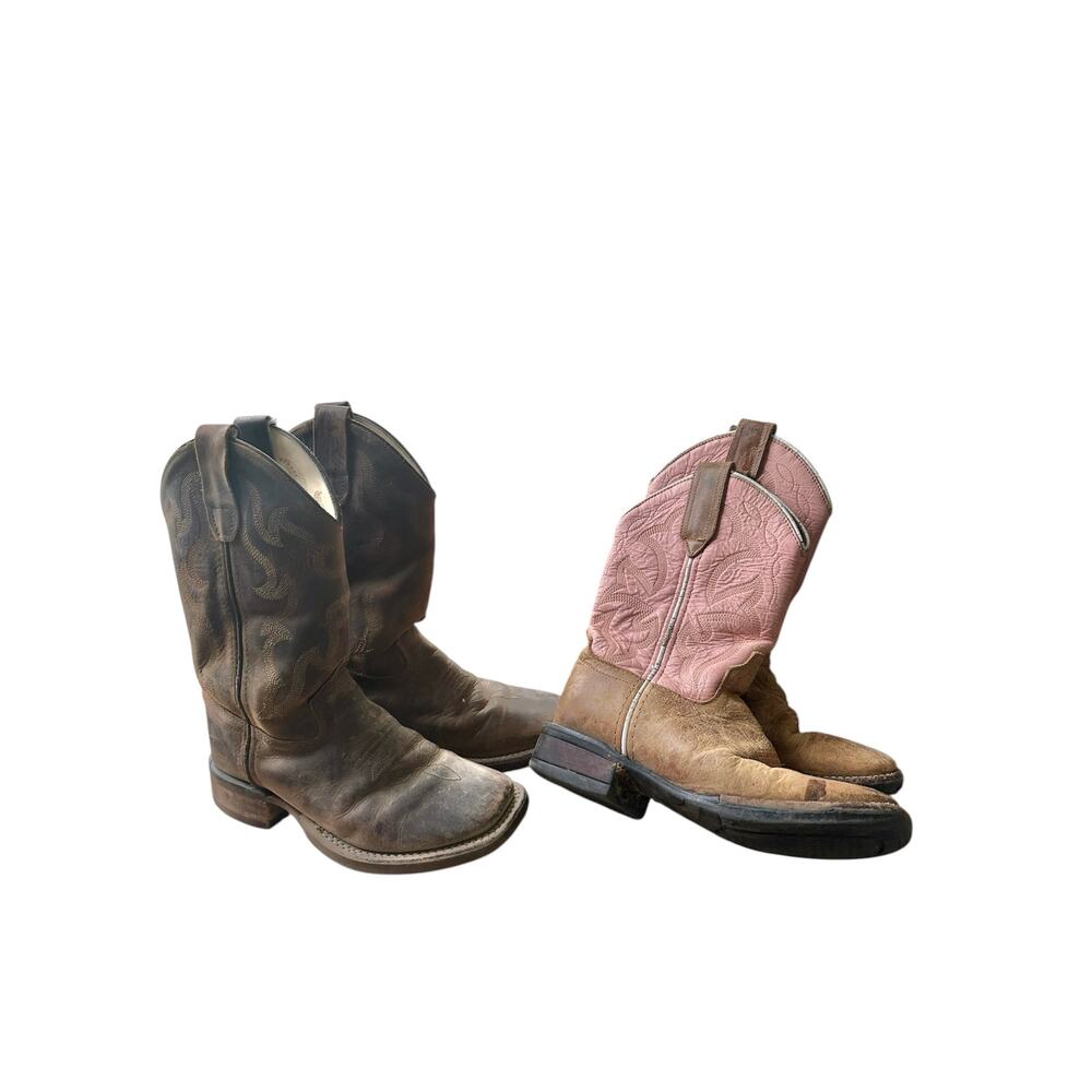 2 pairs kids 13 western boots play rustic farm outdoor leather roper brown shoes